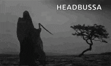 a grim reaper with a scythe is standing in front of a tree in the desert .