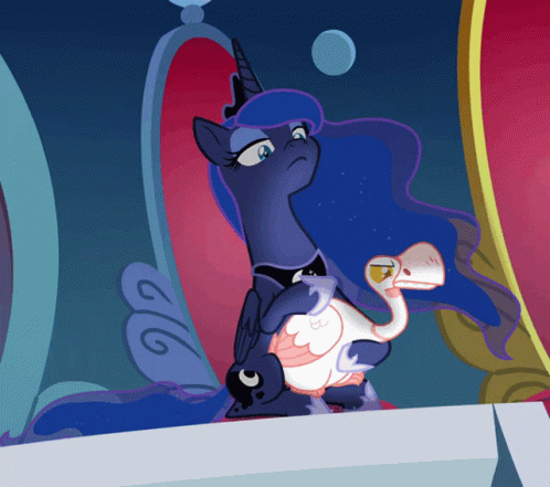 Animated gif of a scene from My Little Pony: Friendship is Magic. Princess Luna is sitting on a throne, having menacingly and stroking a goose lying in her lap.