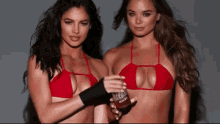 two women in red bikinis are standing next to each other .