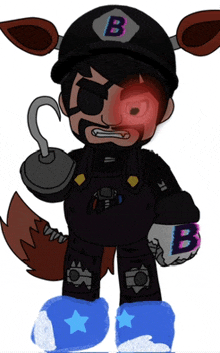a cartoon character with a letter b on his head