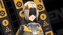 a girl wearing a mask and a vest that says ' cool ' on it