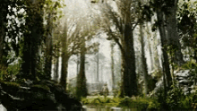 a painting of a lush green forest with trees and a river
