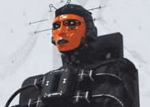 a statue of a robot with an orange face and headphones has the word emergency on it