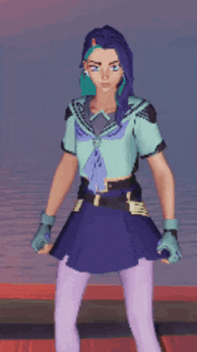 a girl with purple hair is wearing a purple skirt and purple tights