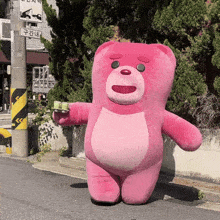 a large pink teddy bear is holding a green tea cup