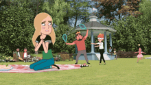 a cartoon of a woman kneeling on a picnic blanket