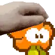 a pixel art of a hand holding a cartoon character 's face .