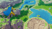 a cartoon character with a blue cape is flying over a lake