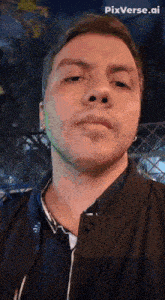 a man wearing a black jacket looks at the camera with pixverse.ai in the upper right corner