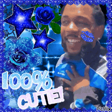 a picture of a man with blue flowers and the words 100 % cute