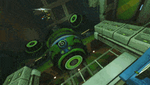 a green object with circles on it is in a room with other objects
