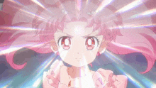 a girl with pink hair is surrounded by rays