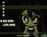 a cartoon character is standing in front of a screen that says ' new game load game 2 '