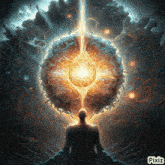 a painting of a man sitting in front of a glowing object with pixiz written below it
