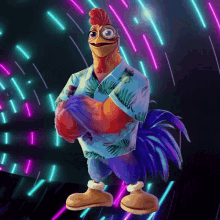 a rooster wearing sunglasses and a blue shirt stands with his arms crossed