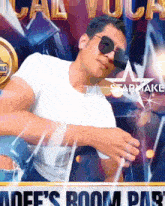 a man wearing sunglasses is standing in front of a sign that says " def 's room par "