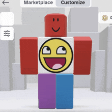 a red and white block with a yellow smiley face on it and the words marketplace and customize underneath it