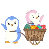 two penguins pushing a cart full of colorful eggs