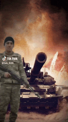 a soldier with a gun in front of a tank with tiktok written on the bottom right