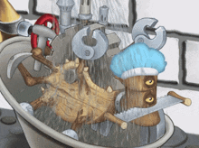 a cartoon drawing of a wooden monster in a bathtub