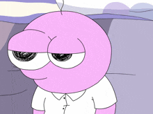 a pink and white cartoon character with a white shirt