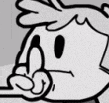 a black and white drawing of a cartoon character with a middle finger .
