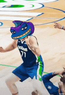 a basketball player wearing a dallas jersey with a cartoon character on his head
