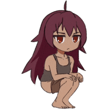 a drawing of a girl squatting down next to a small animal