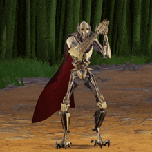 a robot with a red cape is standing on a dirt ground