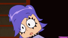 a cartoon character with purple hair and white eyes looks surprised