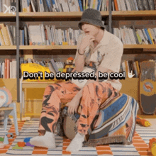 a man sitting on an ottoman with the words " don t be depressed be cool " above him