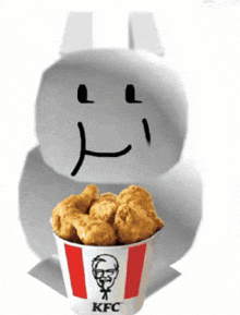 a bucket of kfc chicken nuggets next to a white rabbit