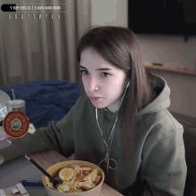 a woman eating a bowl of food with a donut next to her and the number 1109 on the bottom