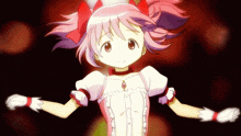 a girl with pink hair and a red bow on her head