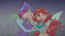 two cartoon characters are hugging each other and one has a purple hat