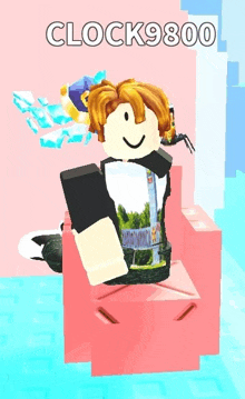 a cartoon character is sitting in a pink chair with the name clock98800 written above him