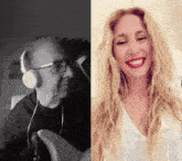 a man wearing headphones is playing a guitar next to a woman