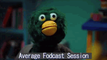 a cartoon duck is holding a yellow stick with the words average fodcast session above it