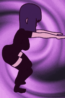 a cartoon drawing of a woman squatting with a purple background