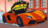 a cartoon character is driving an orange car