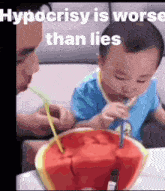 a baby drinking watermelon through a straw with hypocrisy is worse than lies