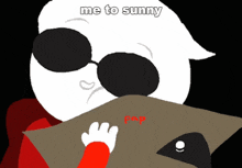 a cartoon character holding a piece of paper with the words me to sunny written on it