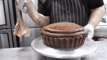 a person is decorating a chocolate cake with the words made in animatica on the bottom right