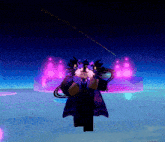 a video game character is flying through the air with purple lights behind him