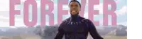 a man in a black panther suit is standing in front of a sign that says forever .