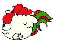 a cartoon rooster with red and green feathers and a green tail