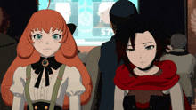 two anime characters are standing in front of a screen with the number 57