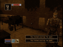 a screenshot of a video game with the words you failed costing the spell on the bottom