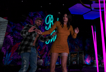 a man and a woman dancing in front of a neon sign that says p