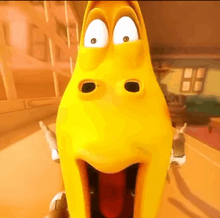 a yellow cartoon character with a surprised look on its face